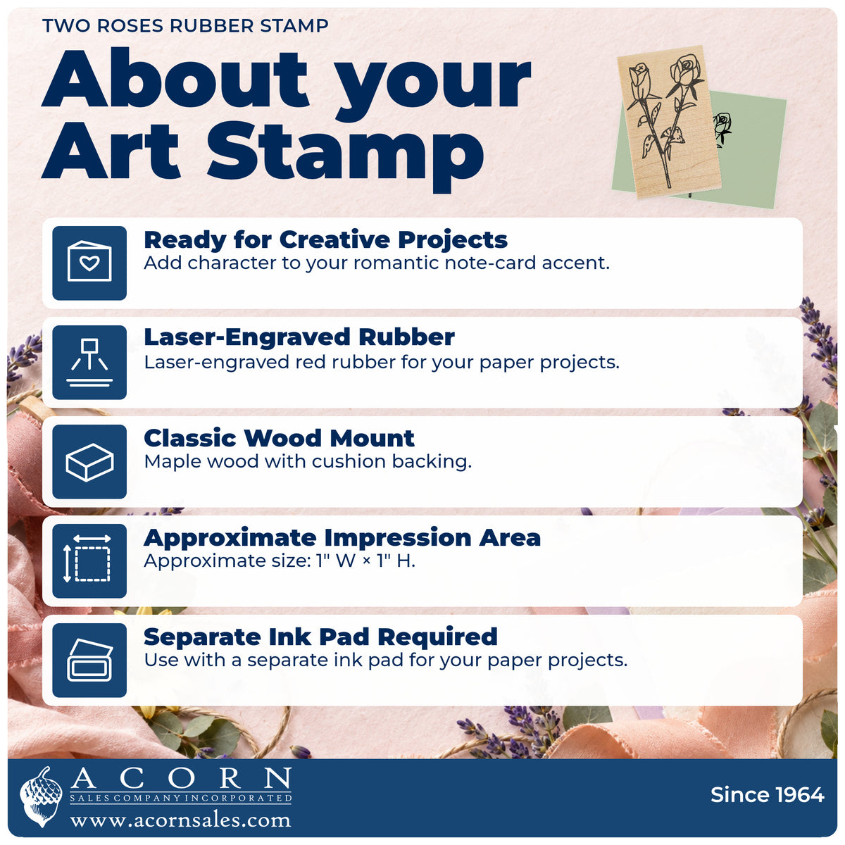 Two Roses Rubber Stamp feature guide covering the wood mount, rubber construction, approximate size and separate ink pad.