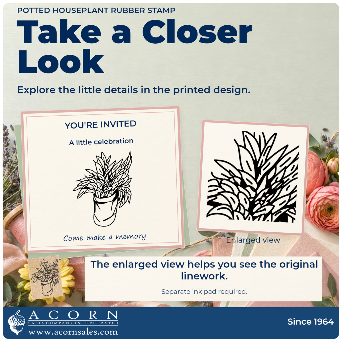 Potted Houseplant Rubber Stamp detail infographic with an enlarged view of the printed design.