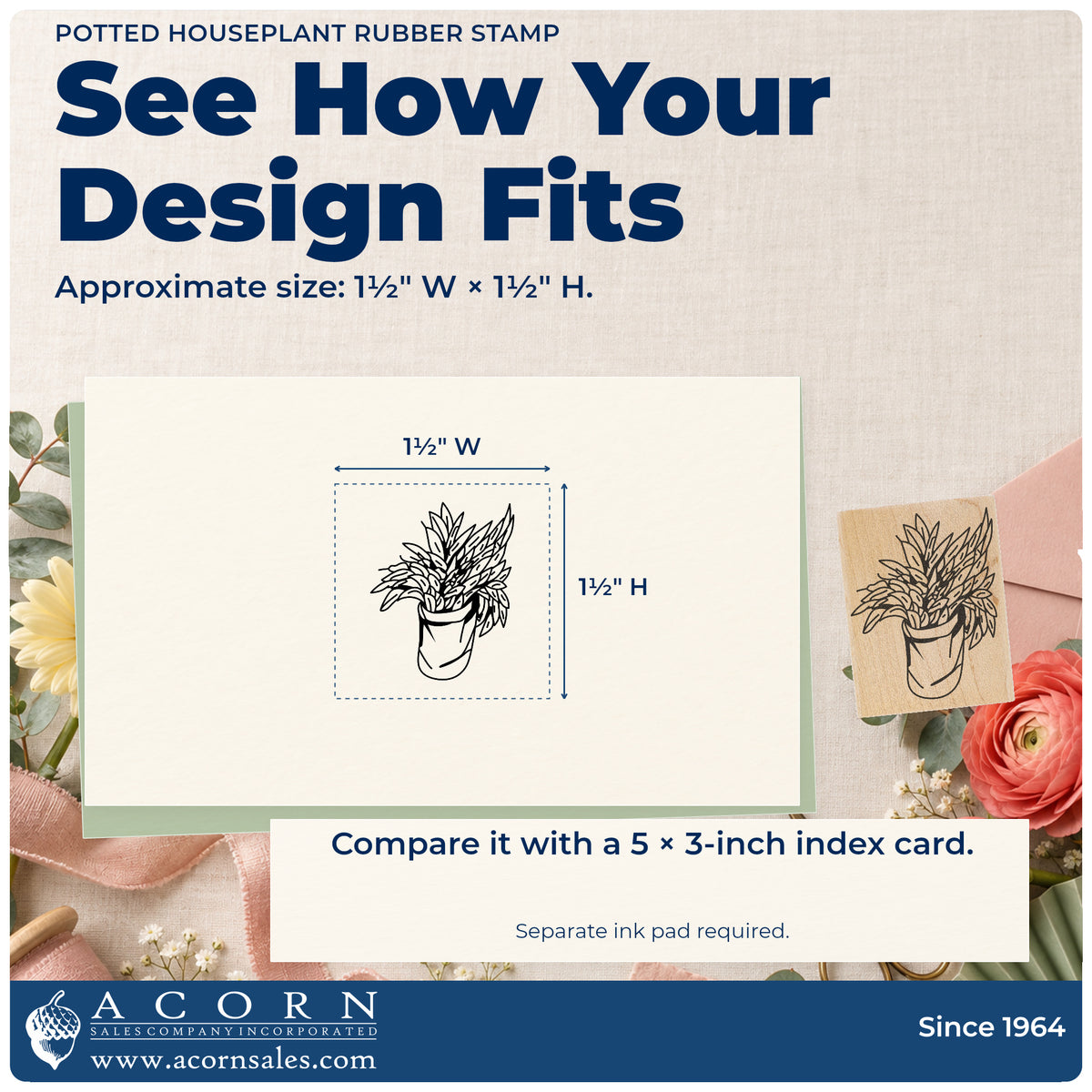 Potted Houseplant Rubber Stamp impression-size guide showing the design on a paper reference with dimension labels.