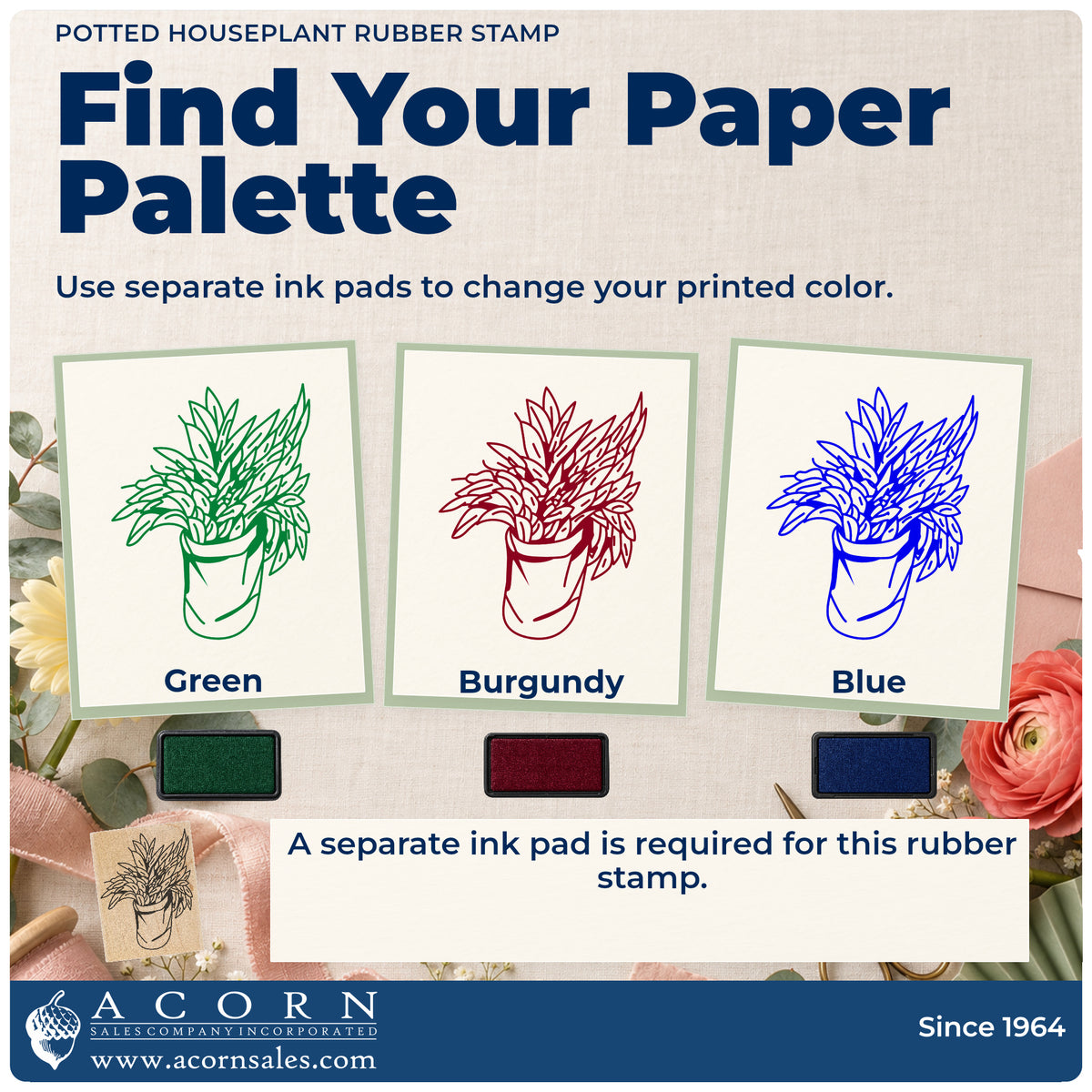 Potted Houseplant Rubber Stamp ink-color infographic comparing three single-color impressions and a separate ink pad.