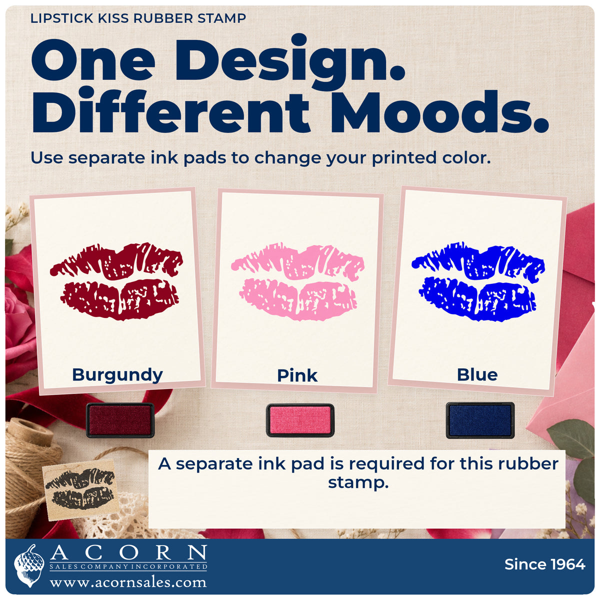 Lipstick Kiss Rubber Stamp ink-color infographic comparing three single-color impressions and a separate ink pad.