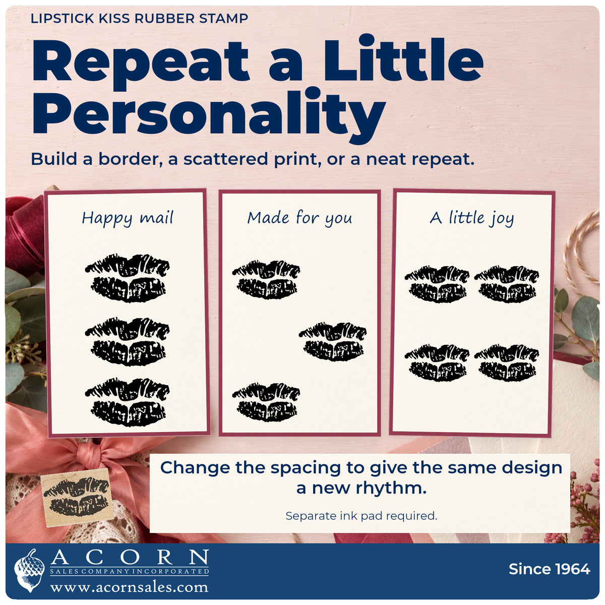 Lipstick Kiss Rubber Stamp pattern guide showing repeated impressions in borders, scattered prints and a grid.