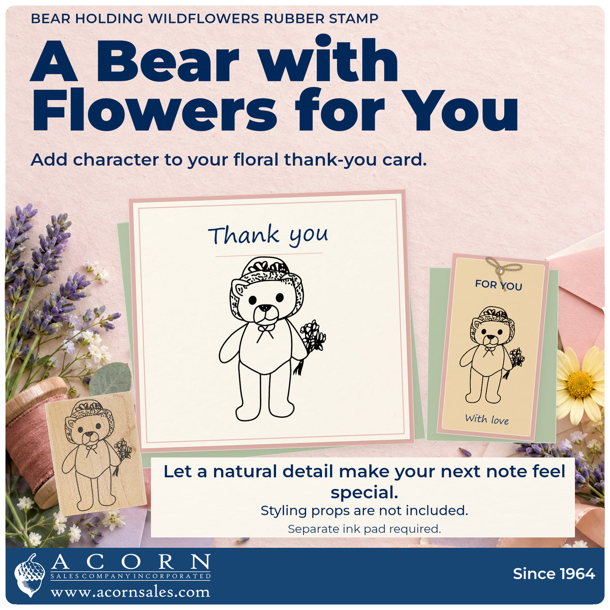 Bear Holding Wildflowers Rubber Stamp project inspiration: floral thank you card.