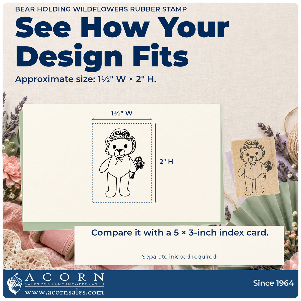Bear Holding Wildflowers Rubber Stamp impression-size guide showing the design on a paper reference with dimension labels.