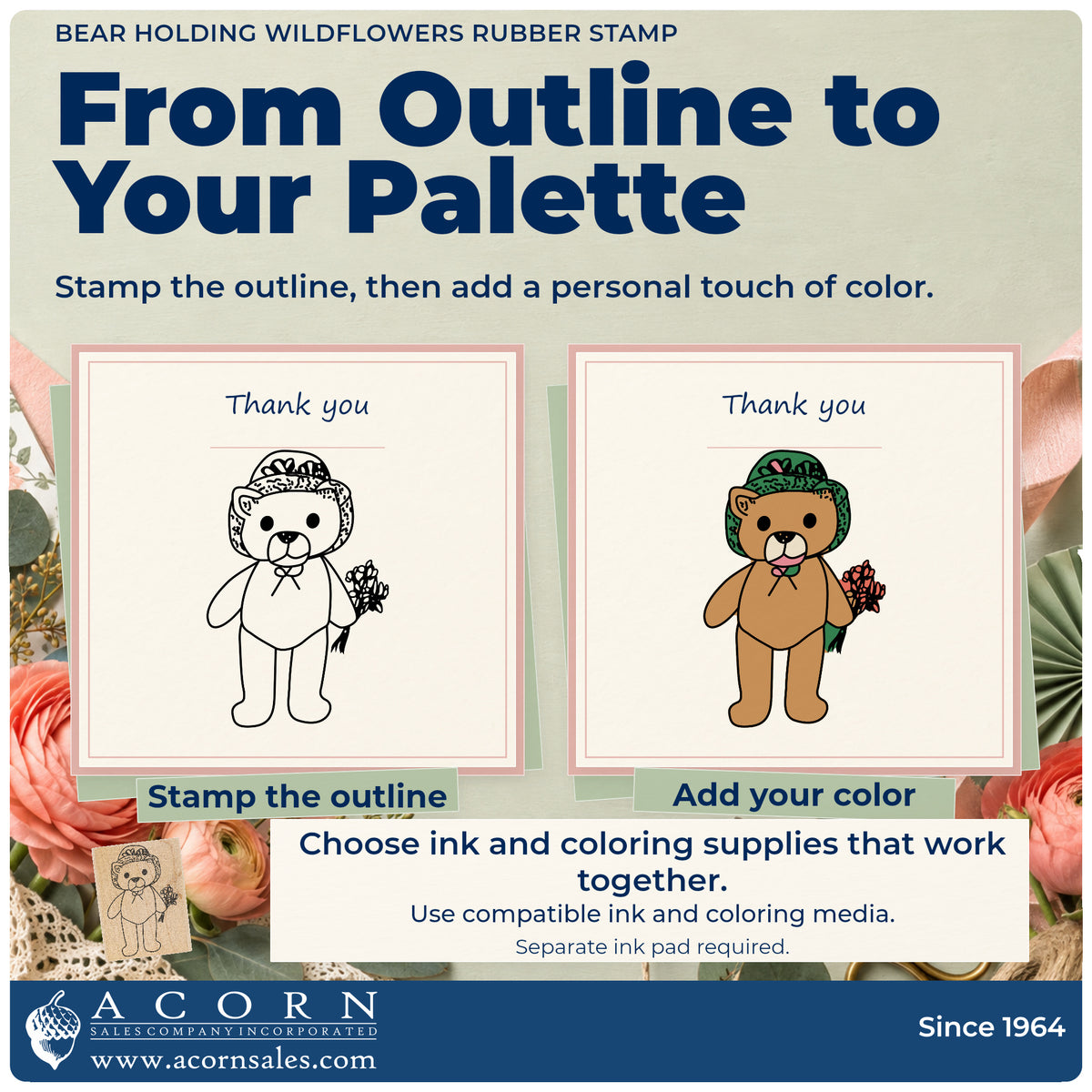 Bear Holding Wildflowers Rubber Stamp stamp-and-color guide comparing an outline impression with a colored example.