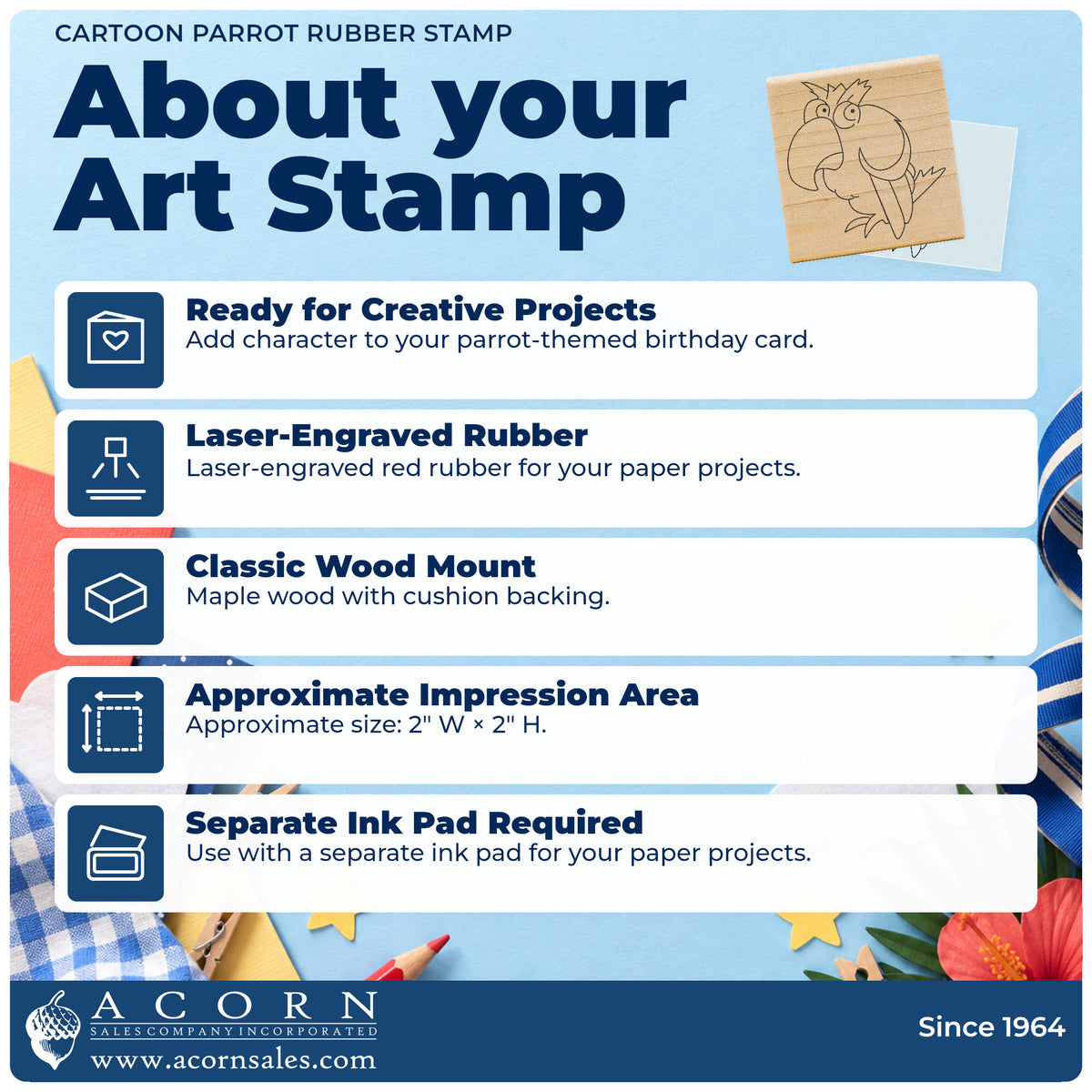 Cartoon Parrot Rubber Stamp feature guide covering the wood mount, rubber construction, approximate size and separate ink pad.