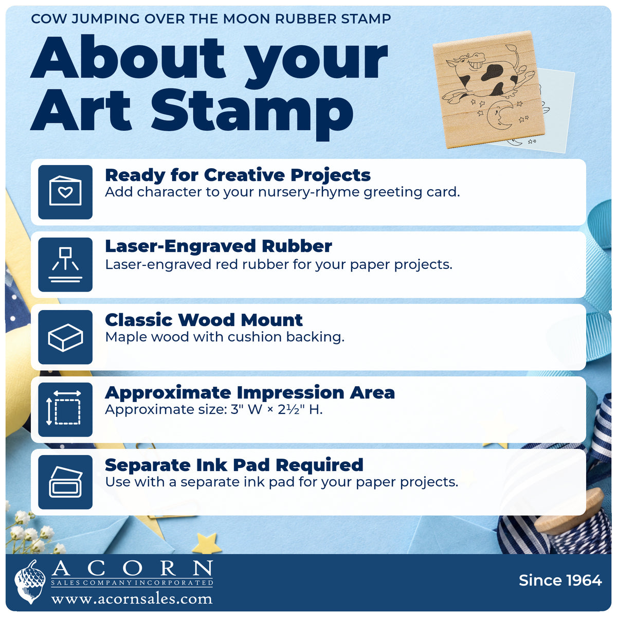 Cow Jumping Over the Moon Rubber Stamp feature guide covering the wood mount, rubber construction, approximate size and separate ink pad.