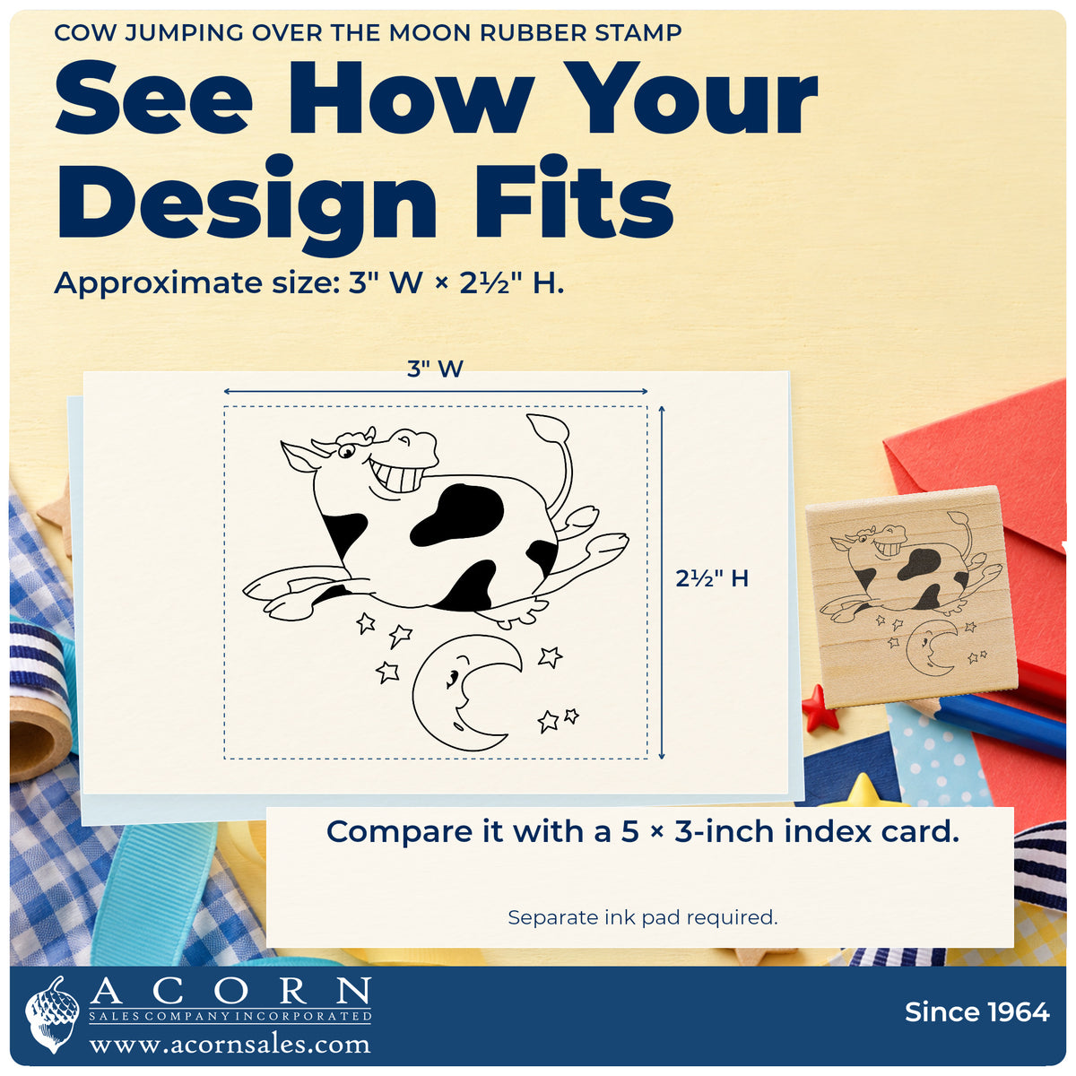 Cow Jumping Over the Moon Rubber Stamp impression-size guide showing the design on a paper reference with dimension labels.