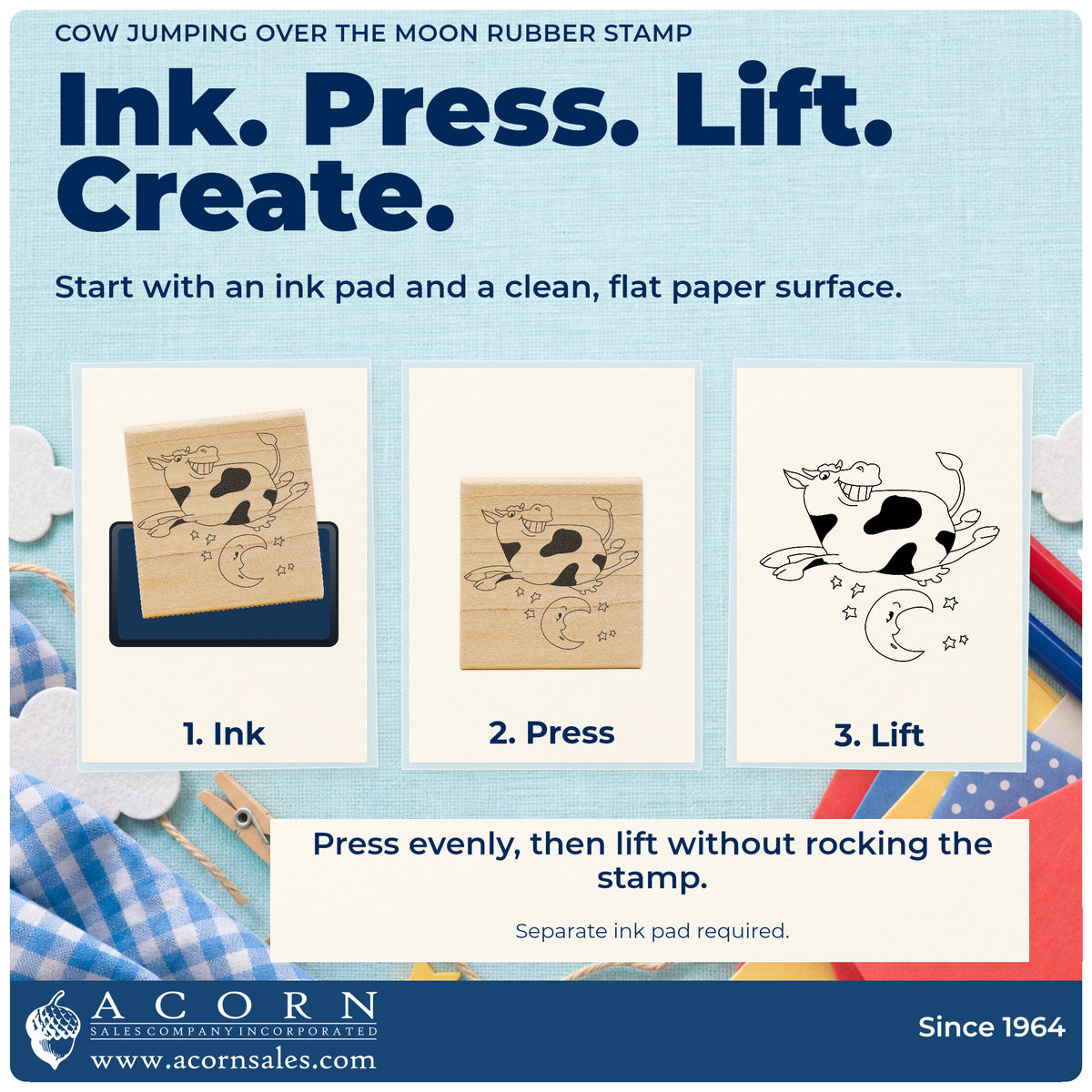 Cow Jumping Over the Moon Rubber Stamp stamping guide illustrating how to ink, press and lift the stamp.