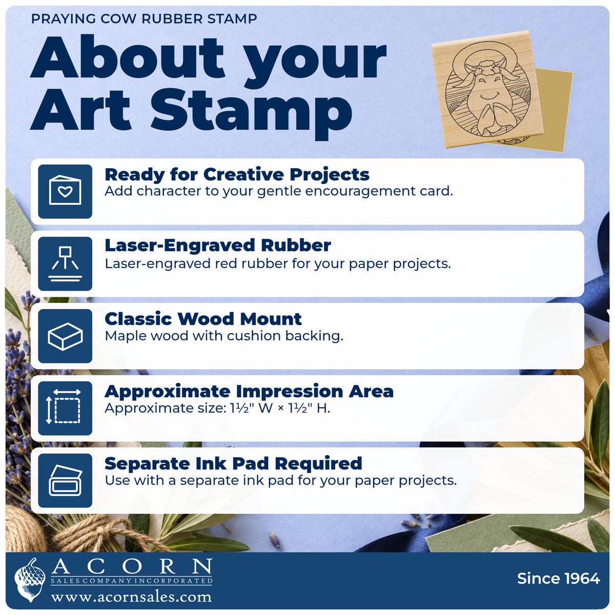 Praying Cow Rubber Stamp feature guide covering the wood mount, rubber construction, approximate size and separate ink pad.