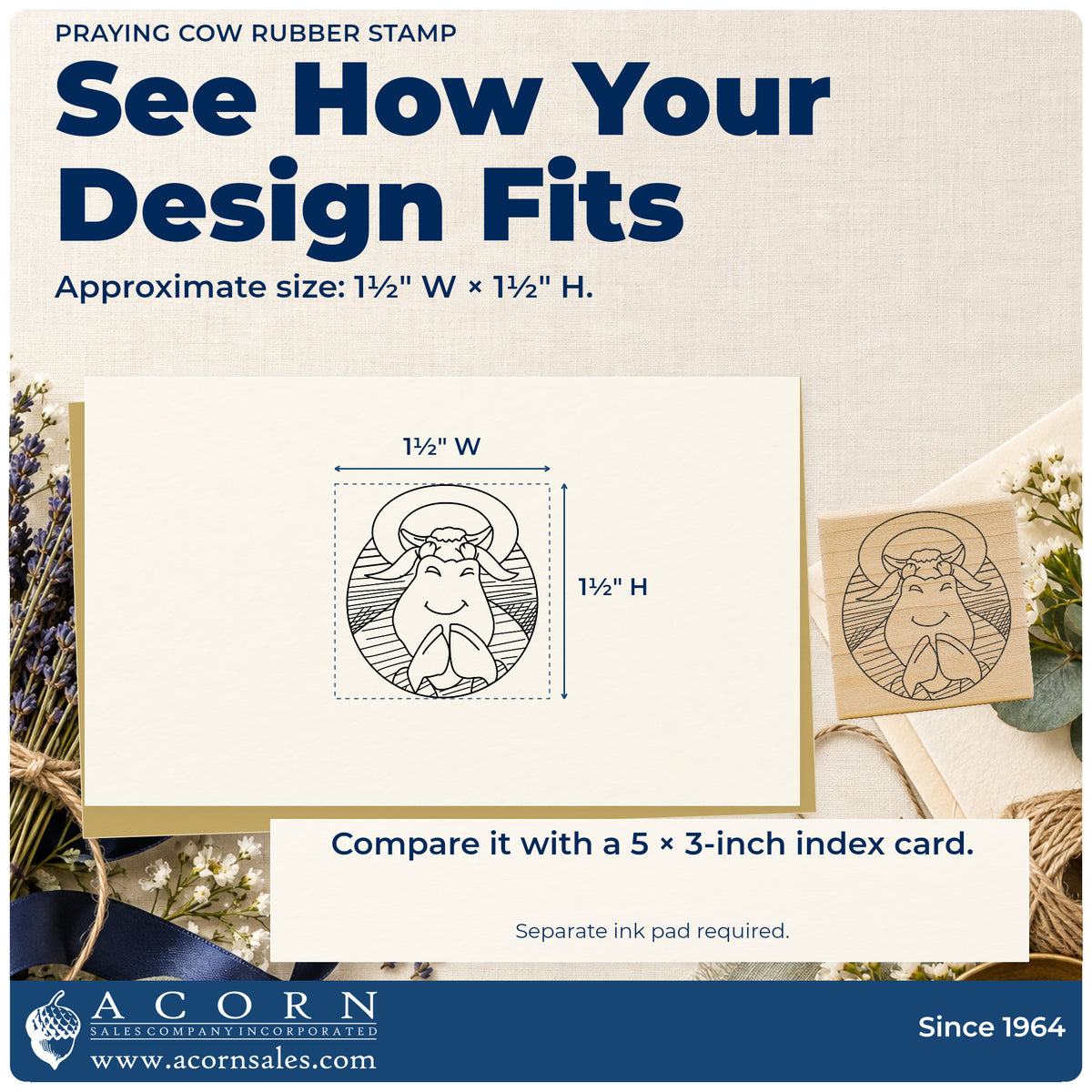 Praying Cow Rubber Stamp impression-size guide showing the design on a paper reference with dimension labels.