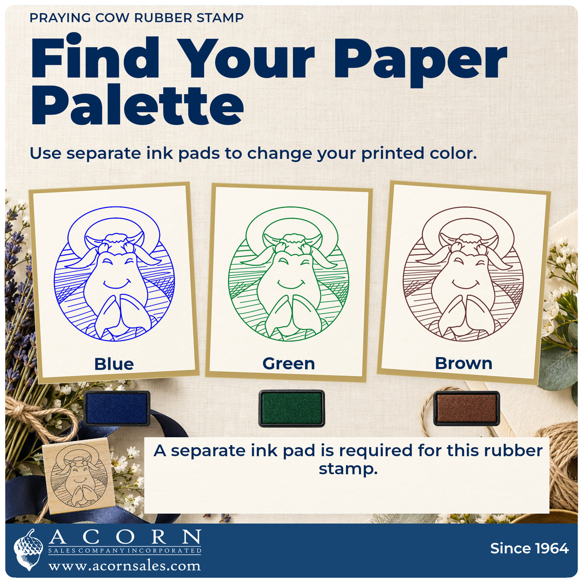 Praying Cow Rubber Stamp ink-color infographic comparing three single-color impressions and a separate ink pad.