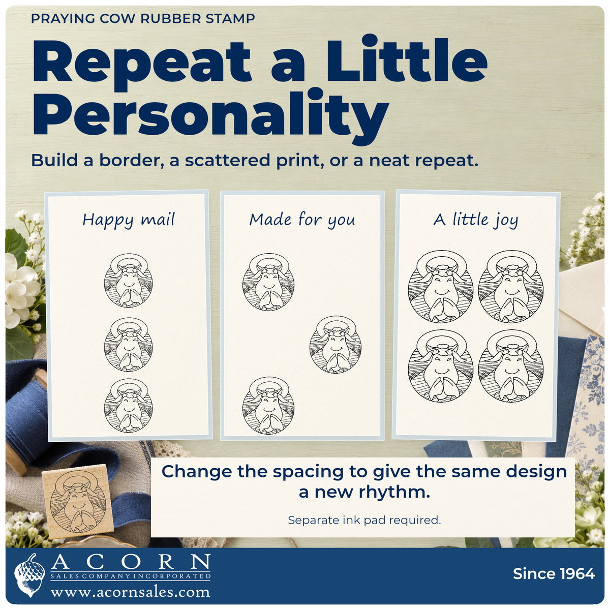Praying Cow Rubber Stamp pattern guide showing repeated impressions in borders, scattered prints and a grid.