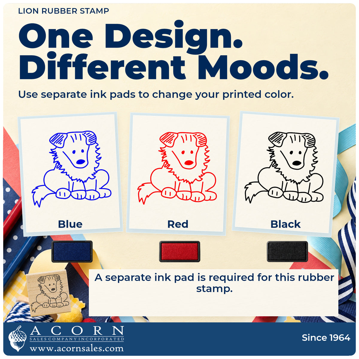 Lion Rubber Stamp ink-color infographic comparing three single-color impressions and a separate ink pad.
