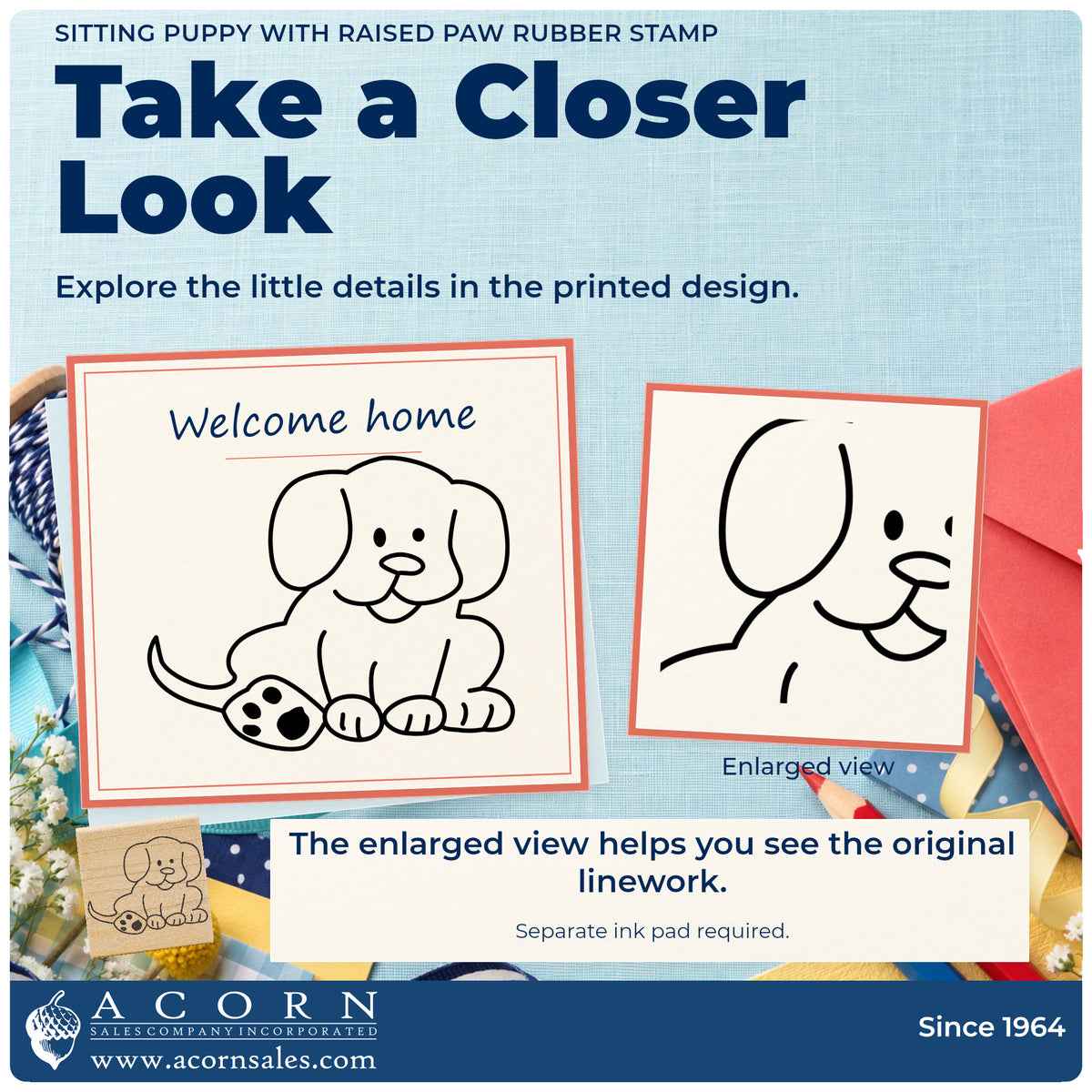 Sitting Puppy with Raised Paw Rubber Stamp detail infographic with an enlarged view of the printed design.