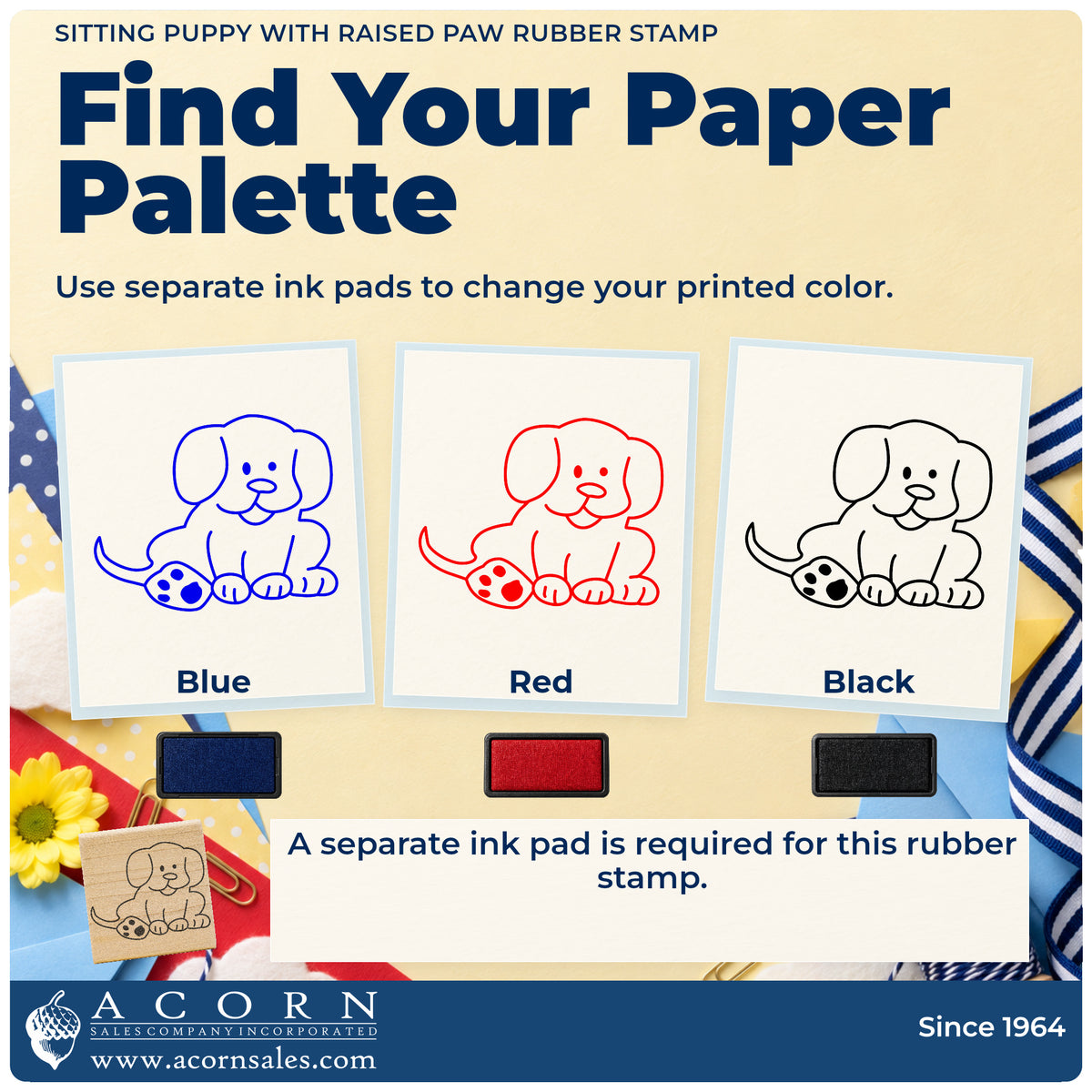 Sitting Puppy with Raised Paw Rubber Stamp ink-color infographic comparing three single-color impressions and a separate ink pad.