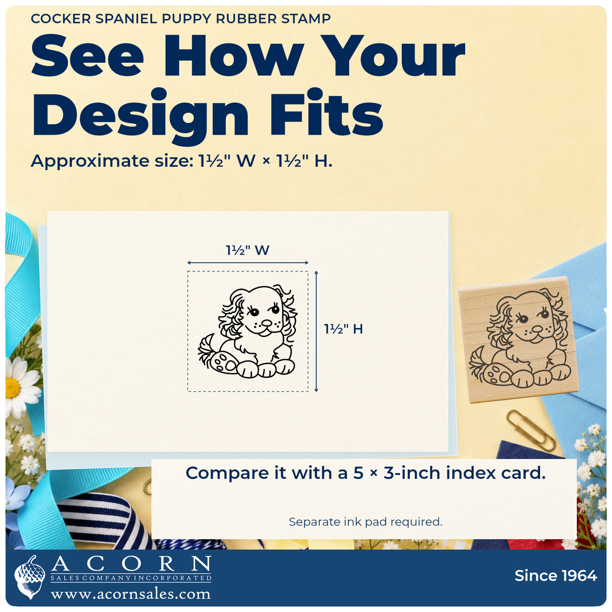 Cocker Spaniel Puppy Rubber Stamp impression-size guide showing the design on a paper reference with dimension labels.