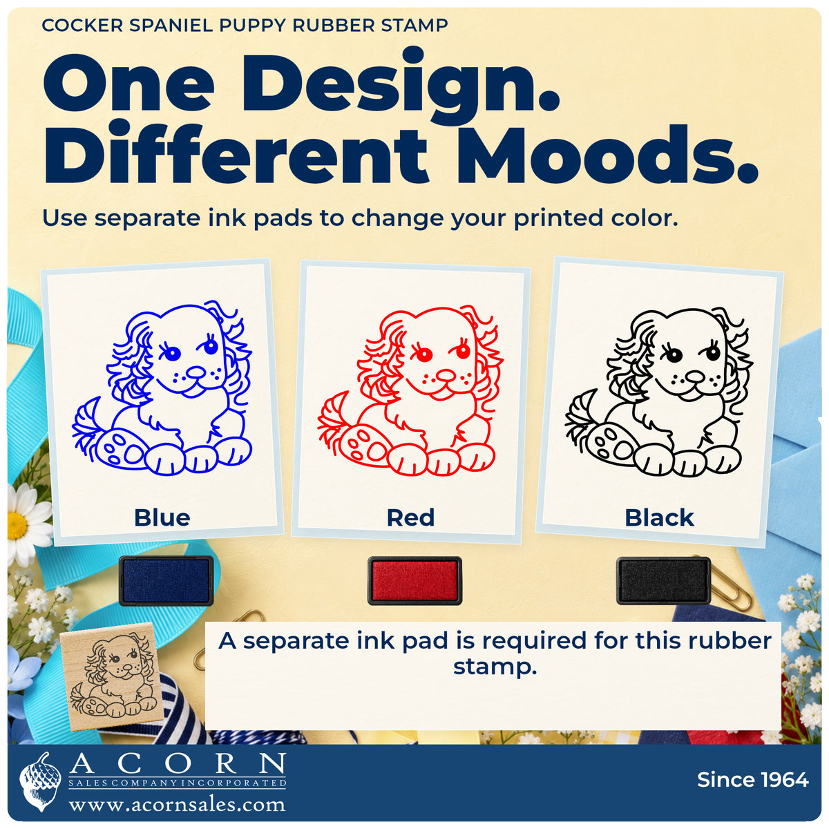 Cocker Spaniel Puppy Rubber Stamp ink-color infographic comparing three single-color impressions and a separate ink pad.