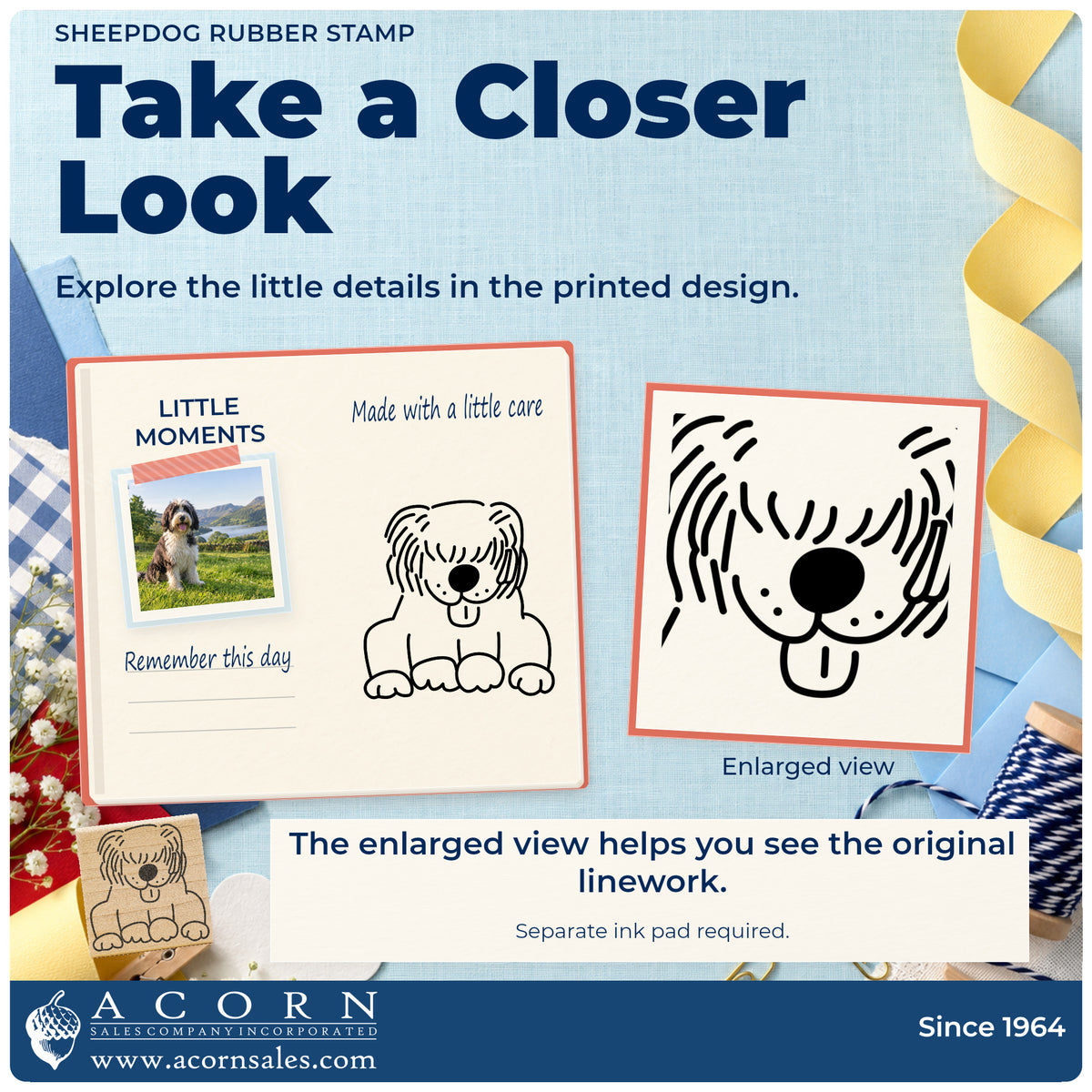 Sheepdog Rubber Stamp detail infographic with an enlarged view of the printed design.