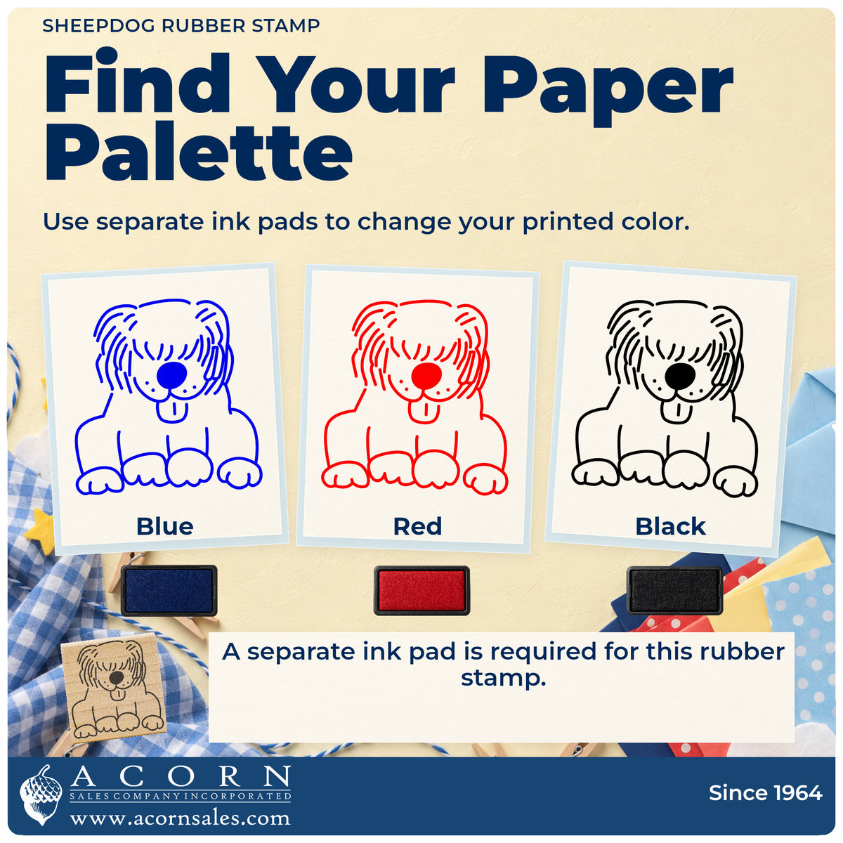 Sheepdog Rubber Stamp ink-color infographic comparing three single-color impressions and a separate ink pad.