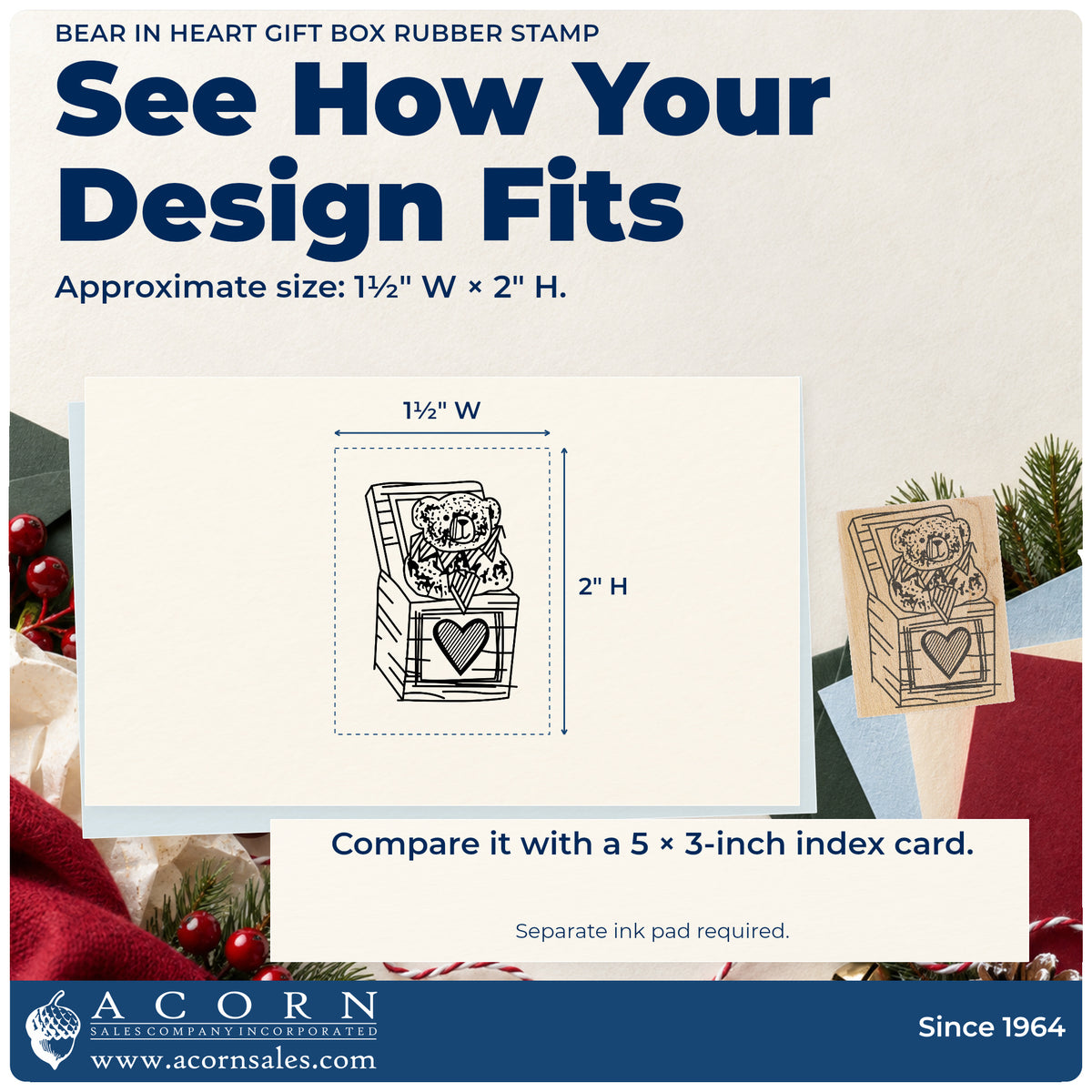 Bear in Heart Gift Box Rubber Stamp impression-size guide showing the design on a paper reference with dimension labels.