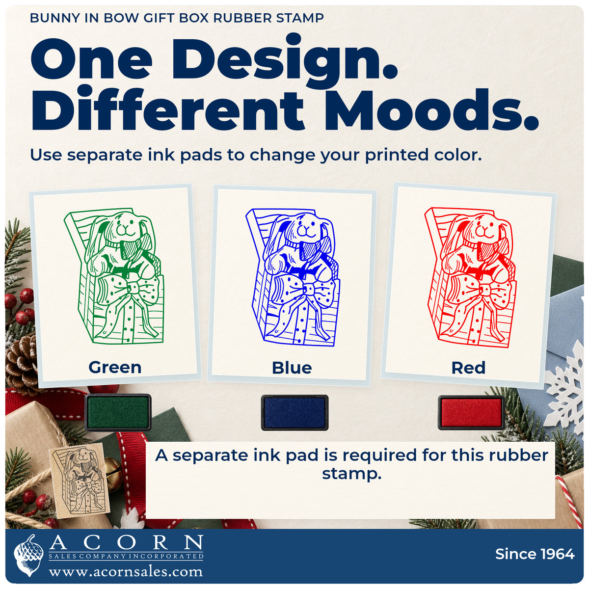 Bunny in Bow Gift Box Rubber Stamp ink-color infographic comparing three single-color impressions and a separate ink pad.