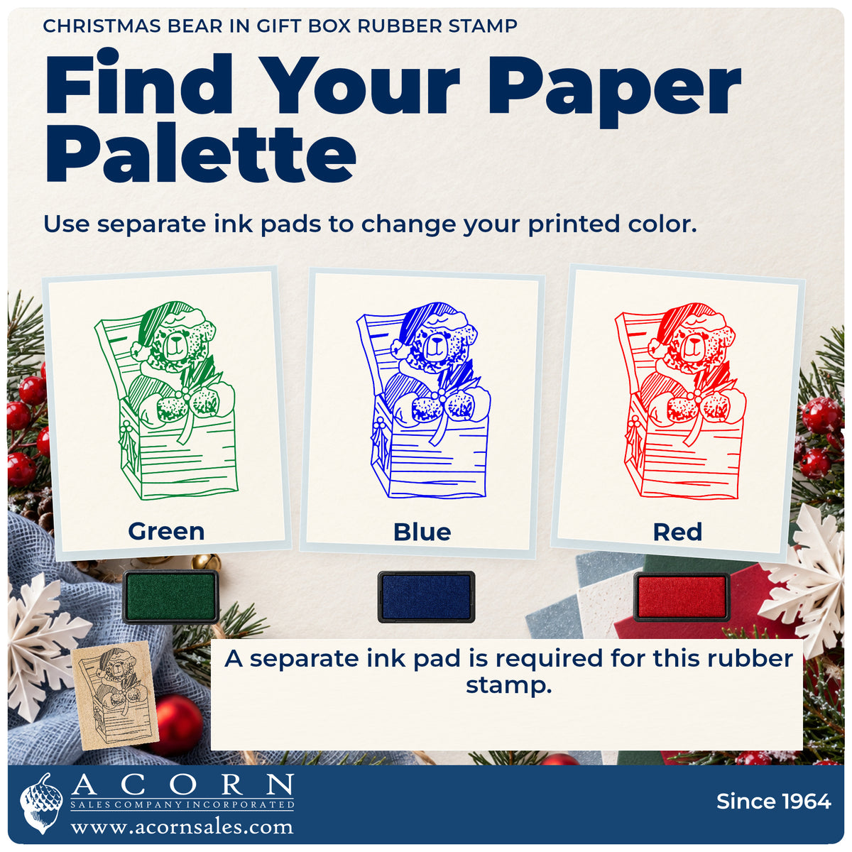 Christmas Bear in Gift Box Rubber Stamp ink-color infographic comparing three single-color impressions and a separate ink pad.