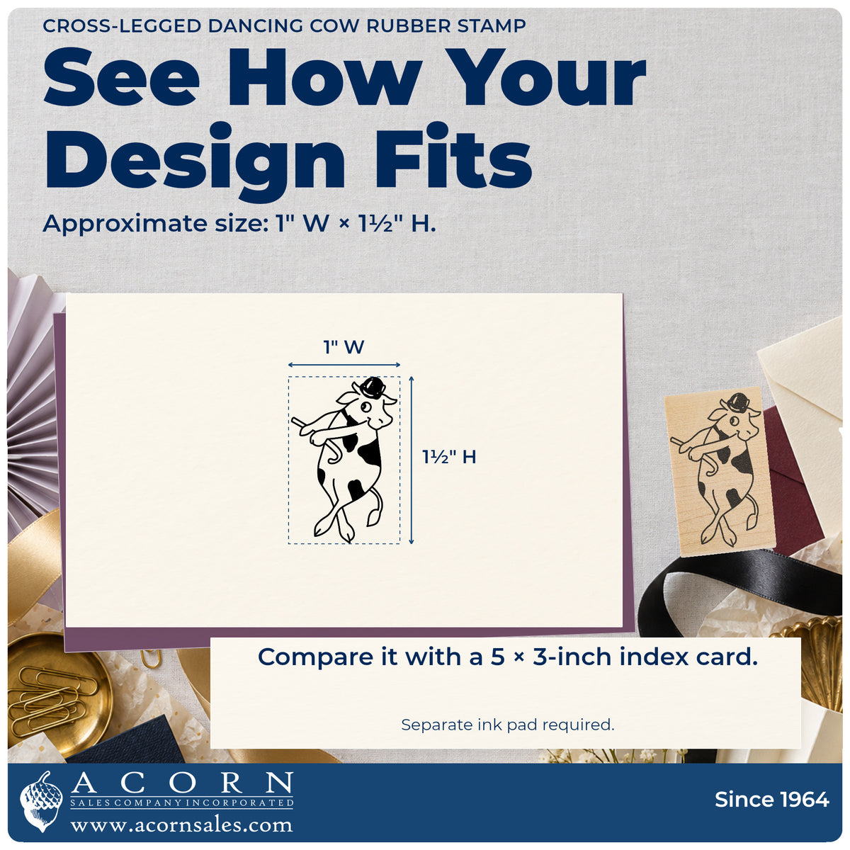 Cross-legged Dancing Cow Rubber Stamp impression-size guide showing the design on a paper reference with dimension labels.
