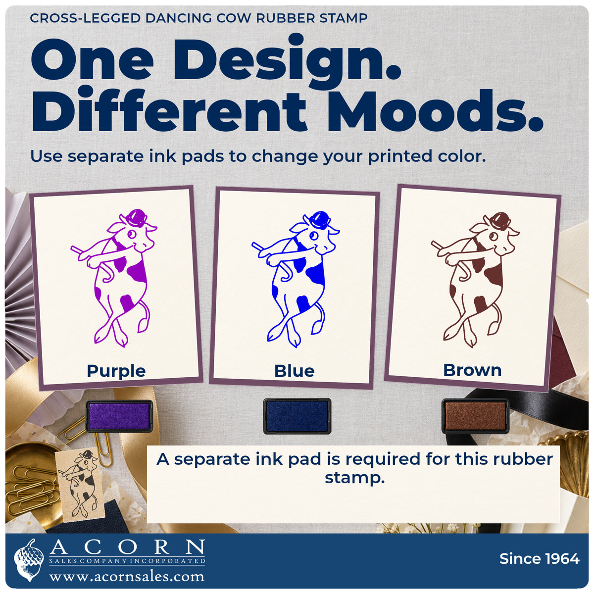 Cross-legged Dancing Cow Rubber Stamp ink-color infographic comparing three single-color impressions and a separate ink pad.