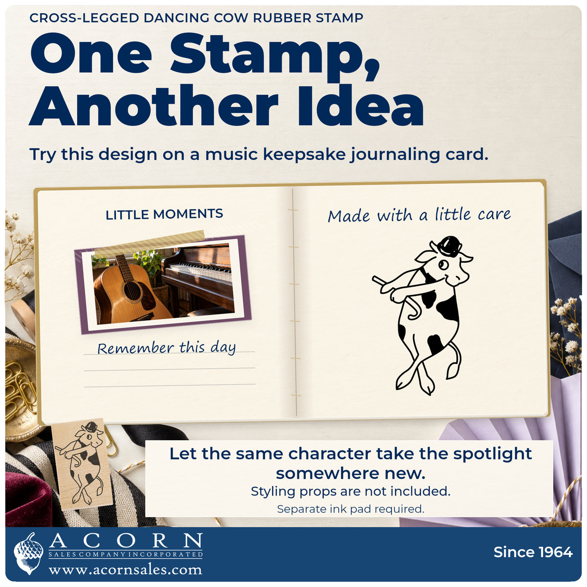 Cross-legged Dancing Cow Rubber Stamp project inspiration: music keepsake journaling card.