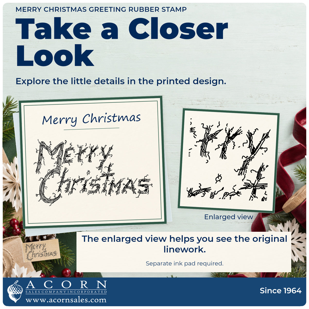 Merry Christmas Greeting Rubber Stamp detail infographic with an enlarged view of the printed design.
