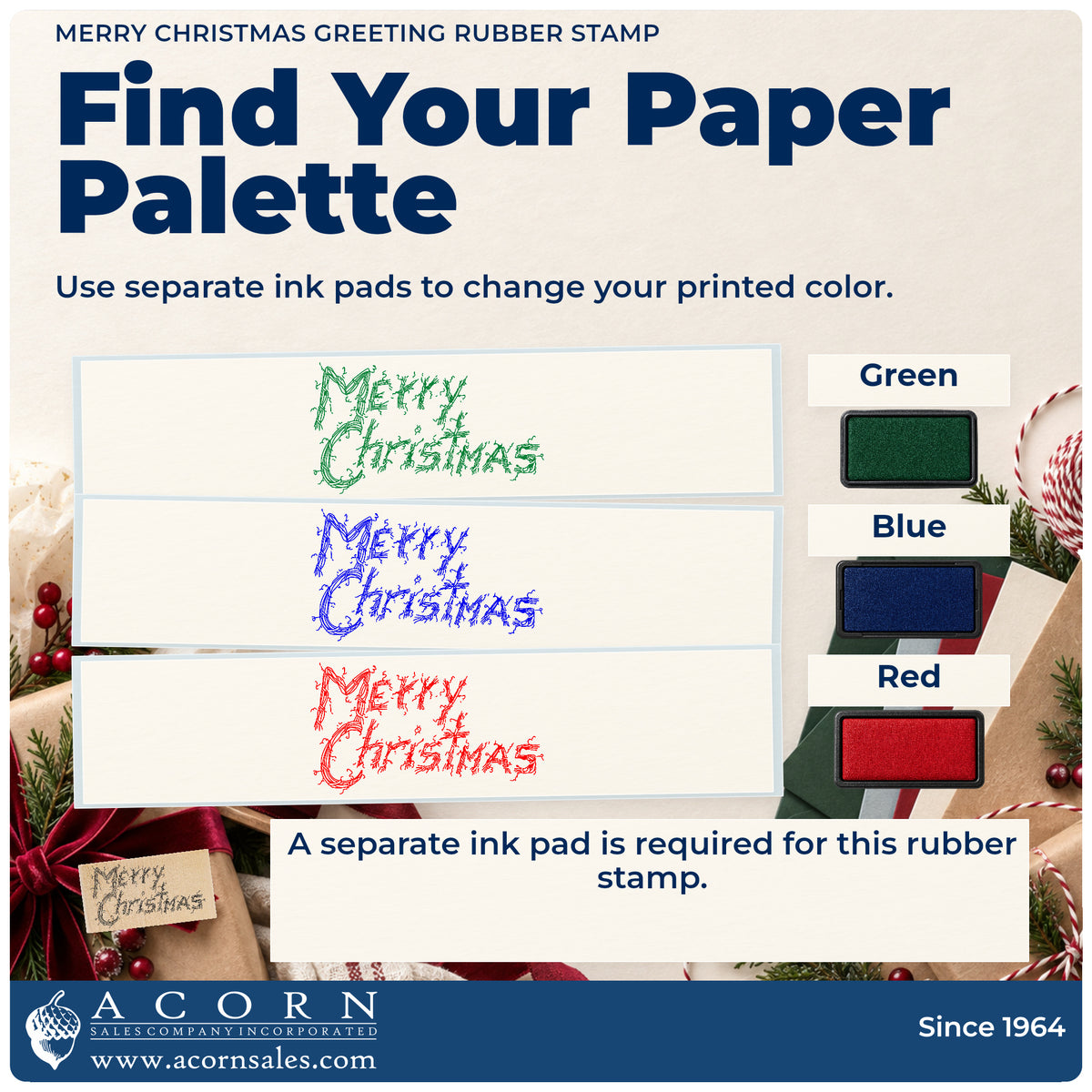 Merry Christmas Greeting Rubber Stamp ink-color infographic comparing three single-color impressions and a separate ink pad.