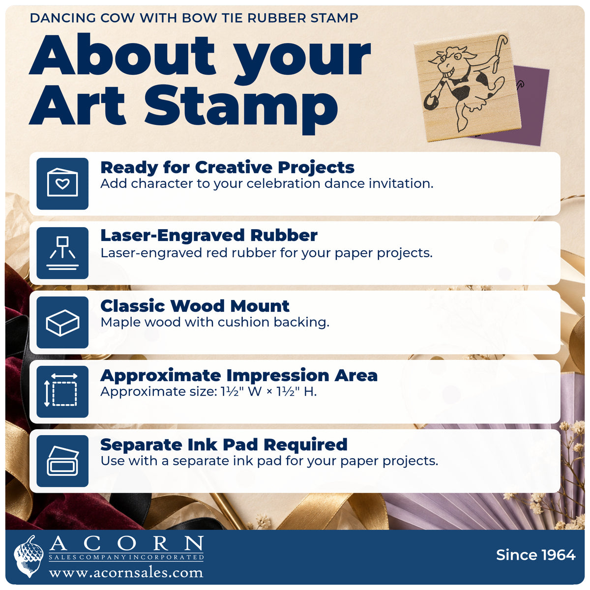 Dancing Cow with Bow Tie Rubber Stamp feature guide covering the wood mount, rubber construction, approximate size and separate ink pad.