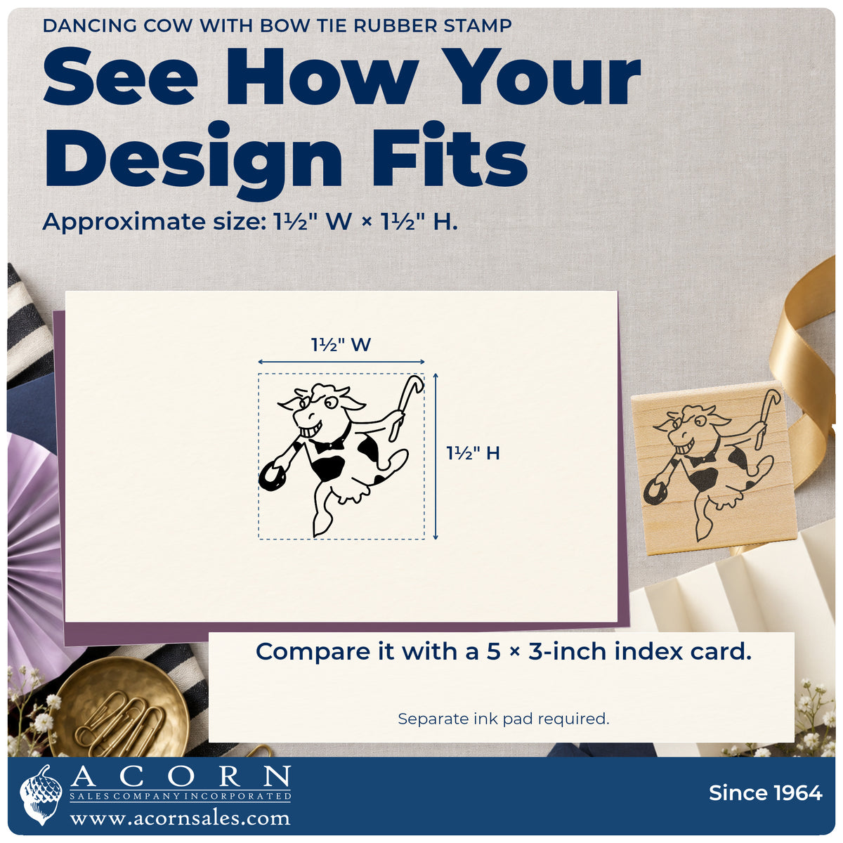 Dancing Cow with Bow Tie Rubber Stamp impression-size guide showing the design on a paper reference with dimension labels.