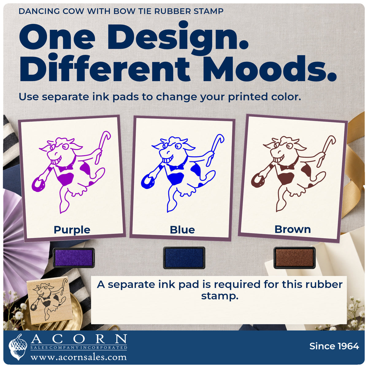 Dancing Cow with Bow Tie Rubber Stamp ink-color infographic comparing three single-color impressions and a separate ink pad.