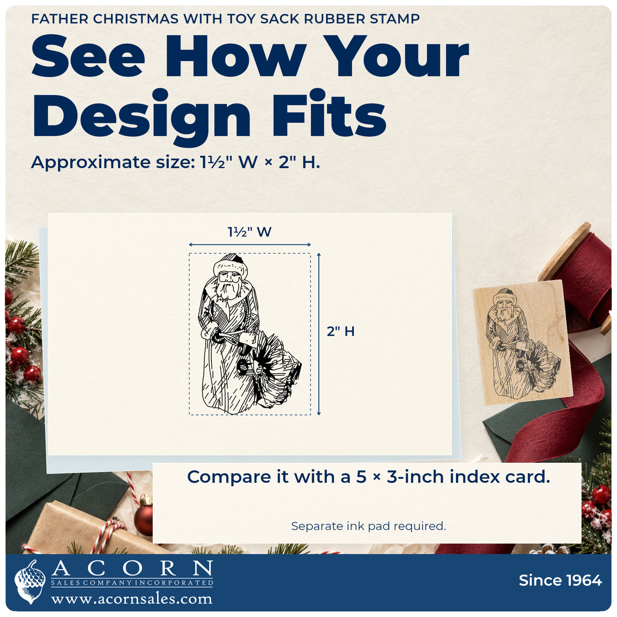 Father Christmas with Toy Sack Rubber Stamp impression-size guide showing the design on a paper reference with dimension labels.