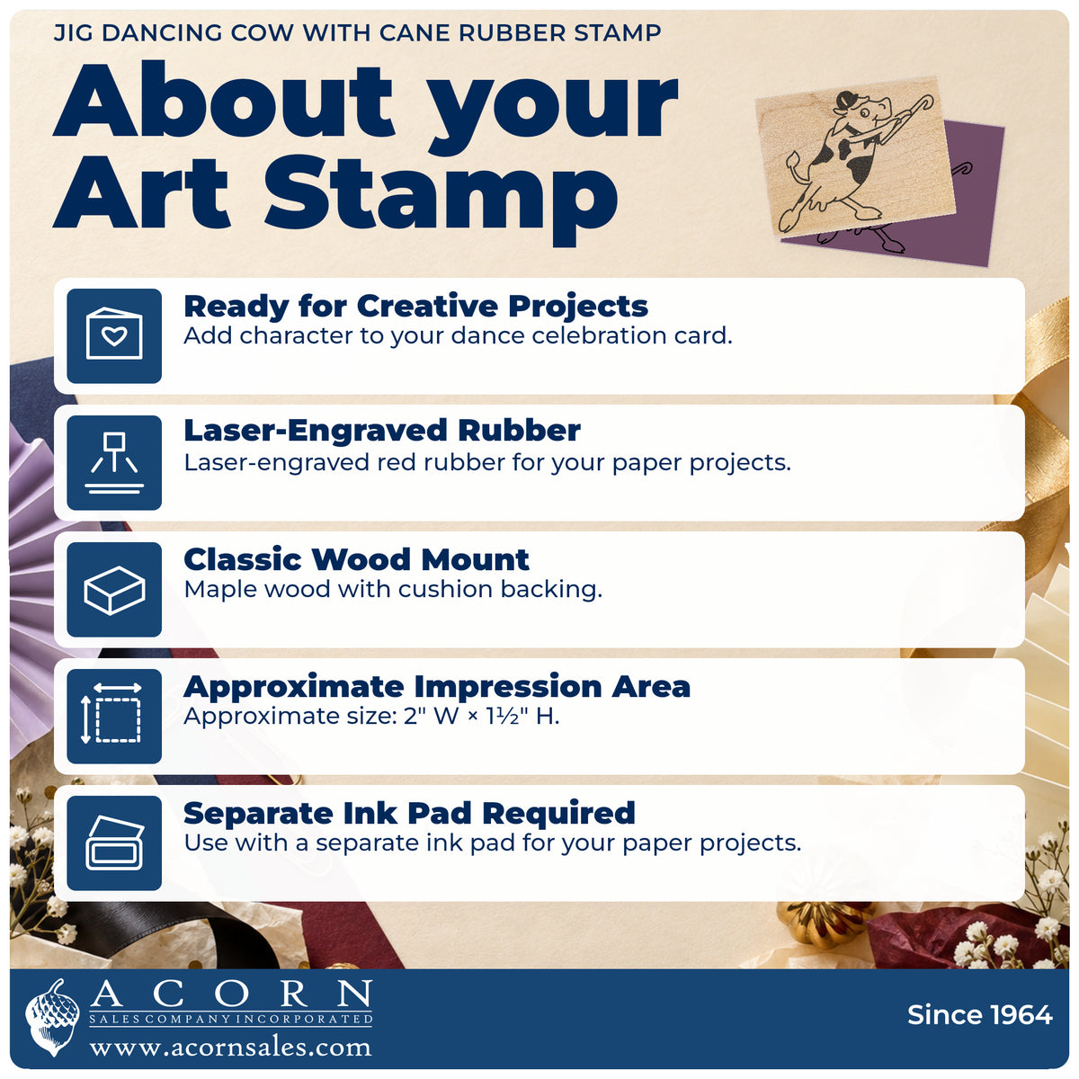Jig Dancing Cow with Cane Rubber Stamp feature guide covering the wood mount, rubber construction, approximate size and separate ink pad.
