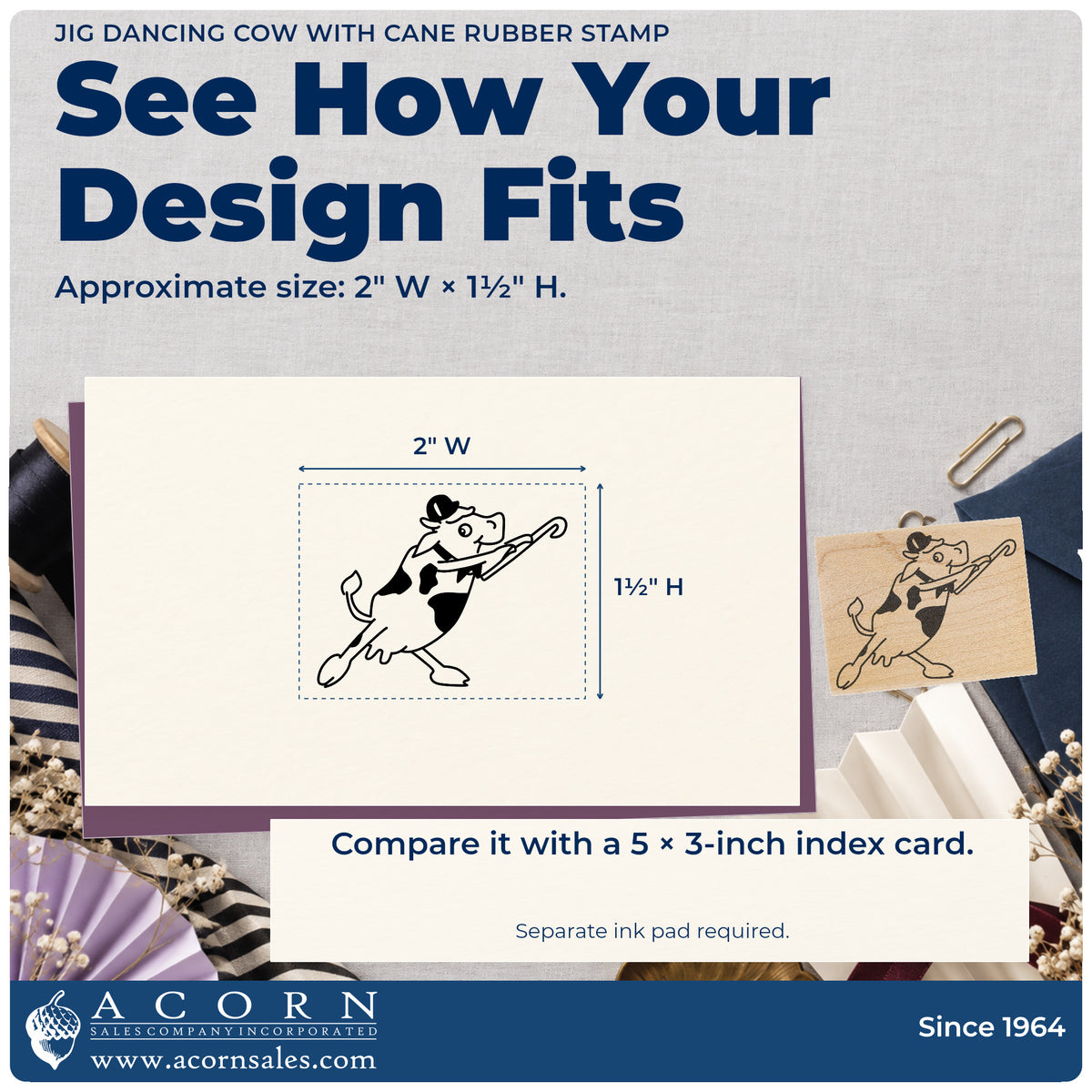 Jig Dancing Cow with Cane Rubber Stamp impression-size guide showing the design on a paper reference with dimension labels.