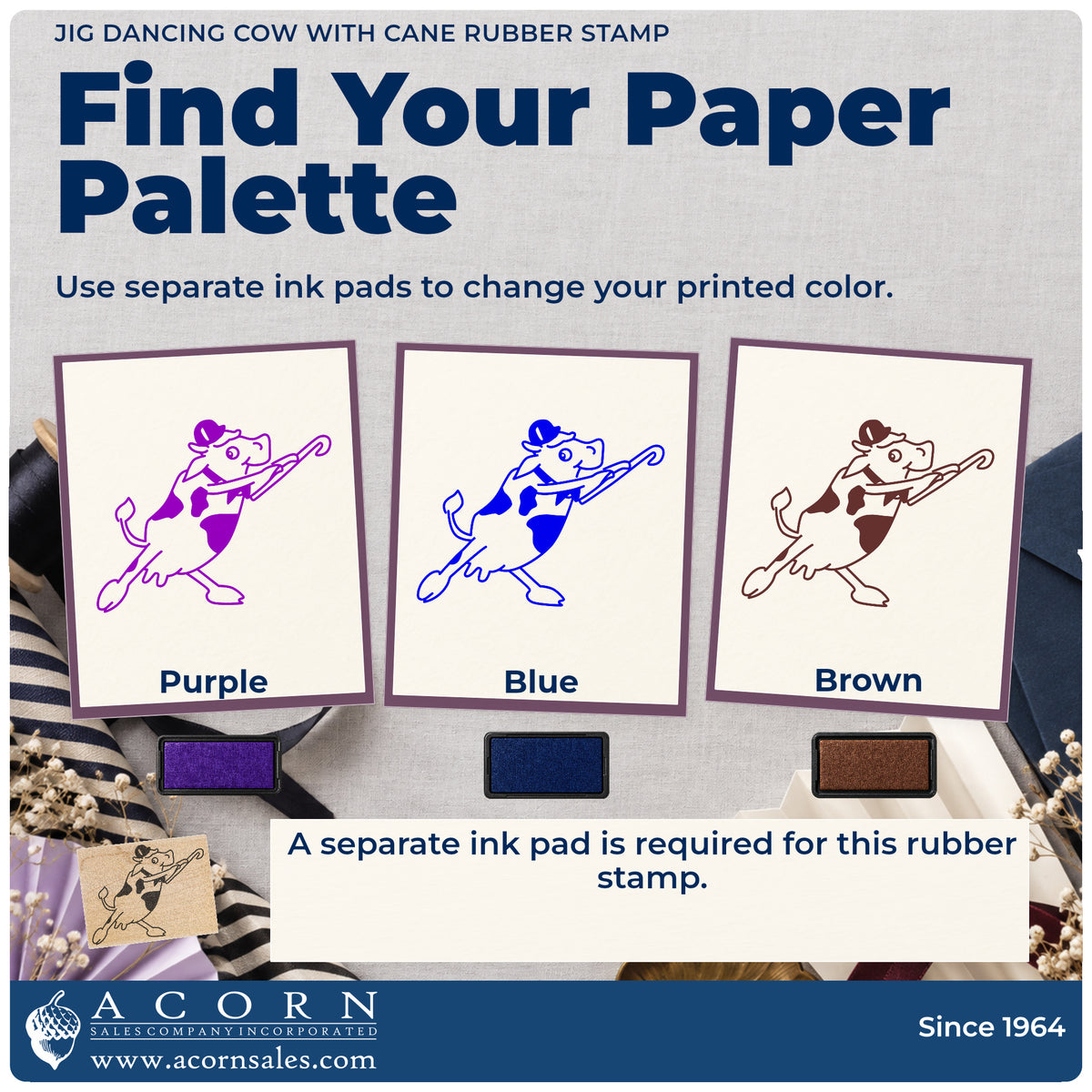 Jig Dancing Cow with Cane Rubber Stamp ink-color infographic comparing three single-color impressions and a separate ink pad.