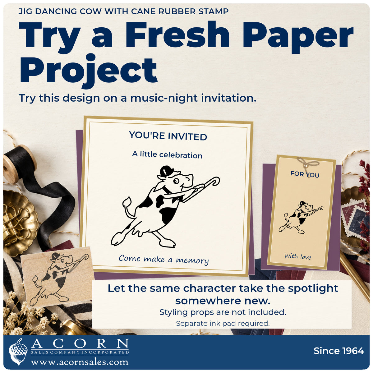 Jig Dancing Cow with Cane Rubber Stamp project inspiration: music night invitation.