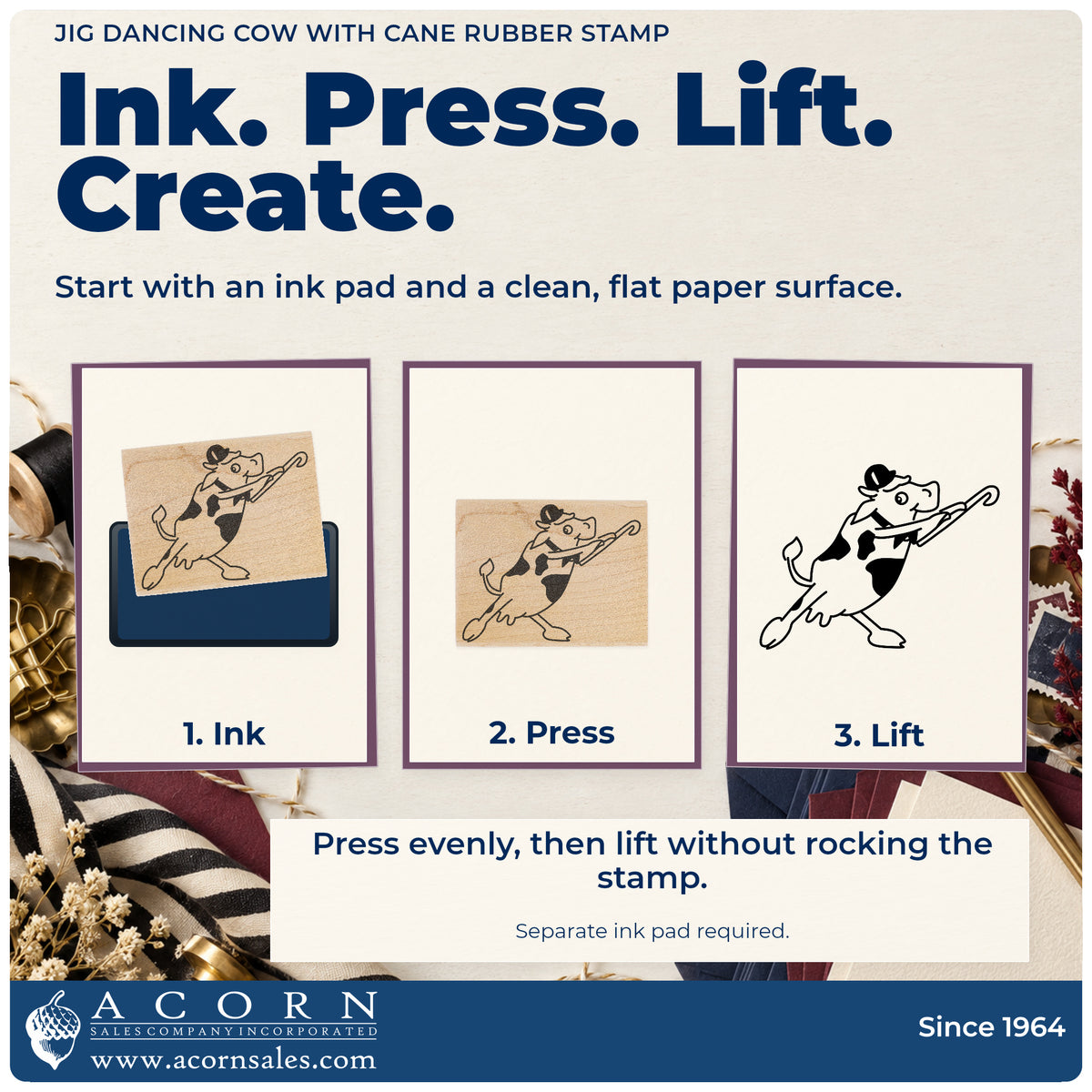Jig Dancing Cow with Cane Rubber Stamp stamping guide illustrating how to ink, press and lift the stamp.