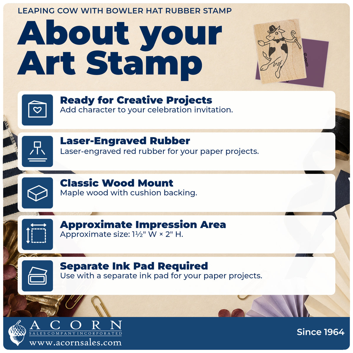 Leaping Cow with Bowler Hat Rubber Stamp feature guide covering the wood mount, rubber construction, approximate size and separate ink pad.
