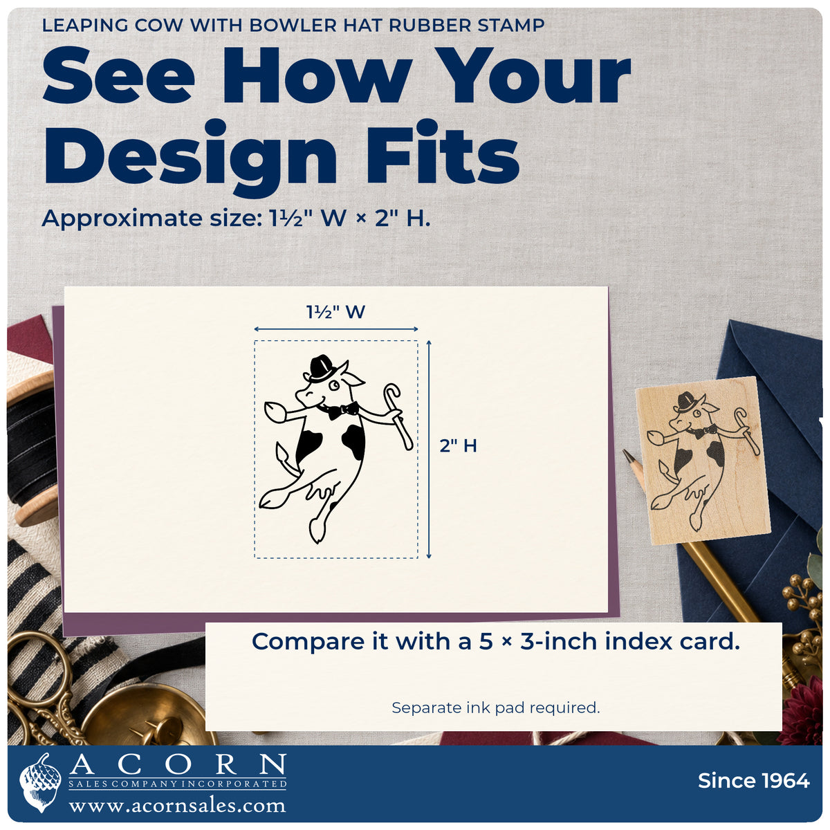 Leaping Cow with Bowler Hat Rubber Stamp impression-size guide showing the design on a paper reference with dimension labels.