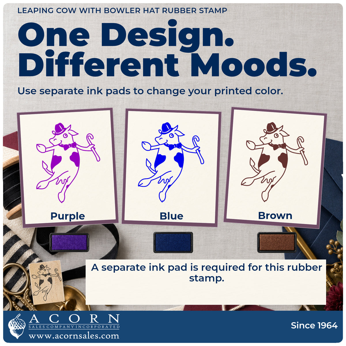 Leaping Cow with Bowler Hat Rubber Stamp ink-color infographic comparing three single-color impressions and a separate ink pad.