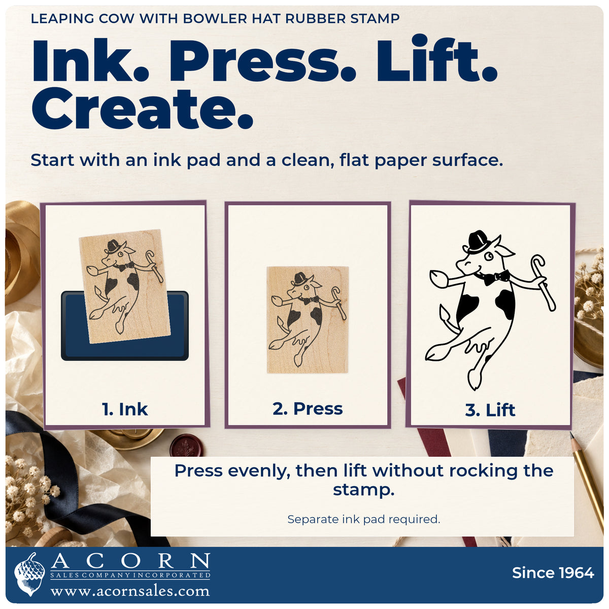 Leaping Cow with Bowler Hat Rubber Stamp stamping guide illustrating how to ink, press and lift the stamp.
