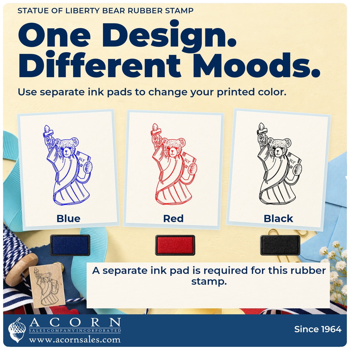 Statue of Liberty Bear Rubber Stamp ink-color infographic comparing three single-color impressions and a separate ink pad.