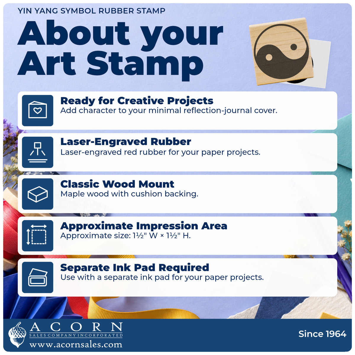 Yin Yang Symbol Rubber Stamp feature guide covering the wood mount, rubber construction, approximate size and separate ink pad.