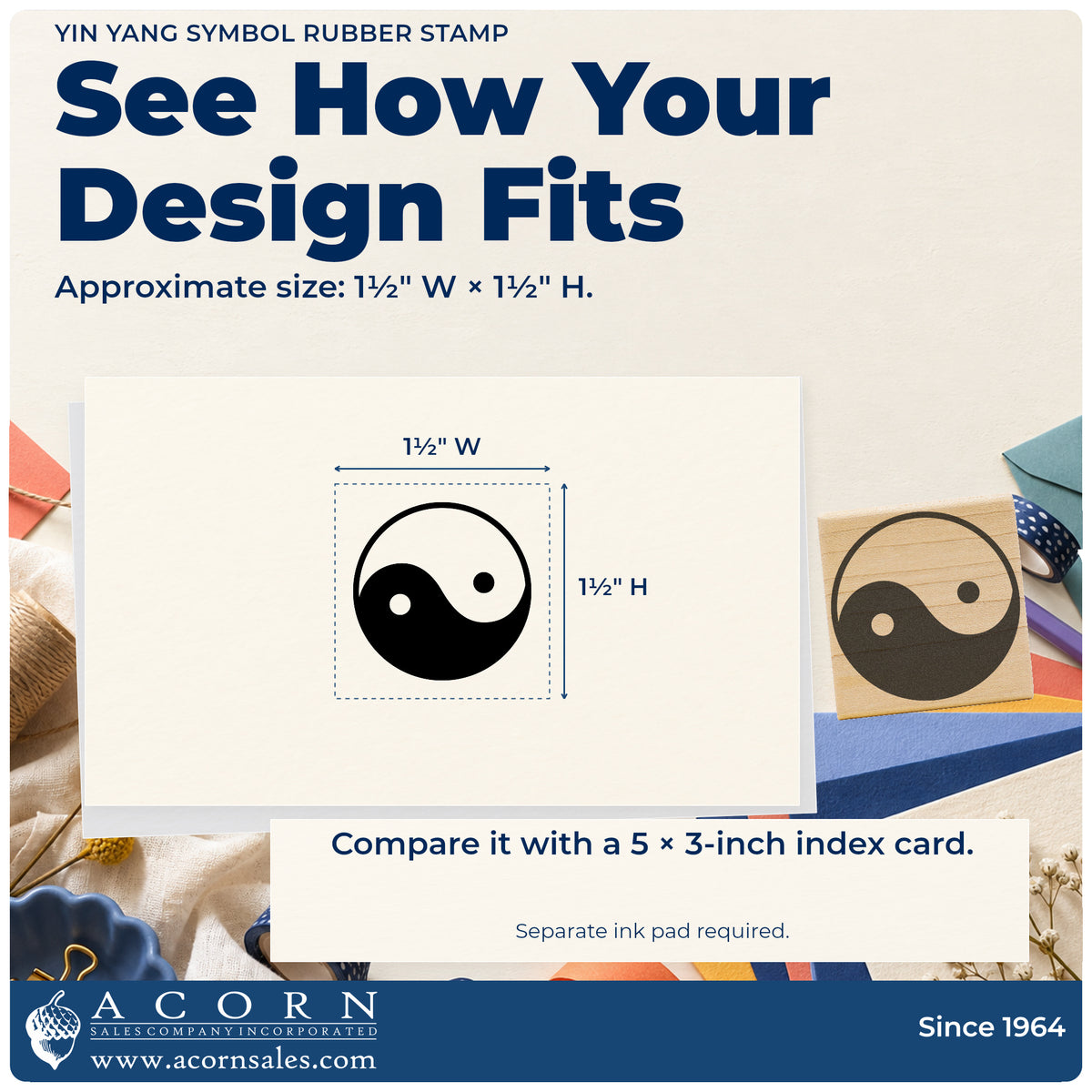 Yin Yang Symbol Rubber Stamp impression-size guide showing the design on a paper reference with dimension labels.
