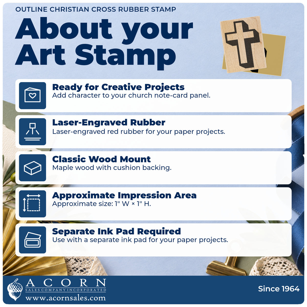 Outline Christian Cross Rubber Stamp feature guide covering the wood mount, rubber construction, approximate size and separate ink pad.