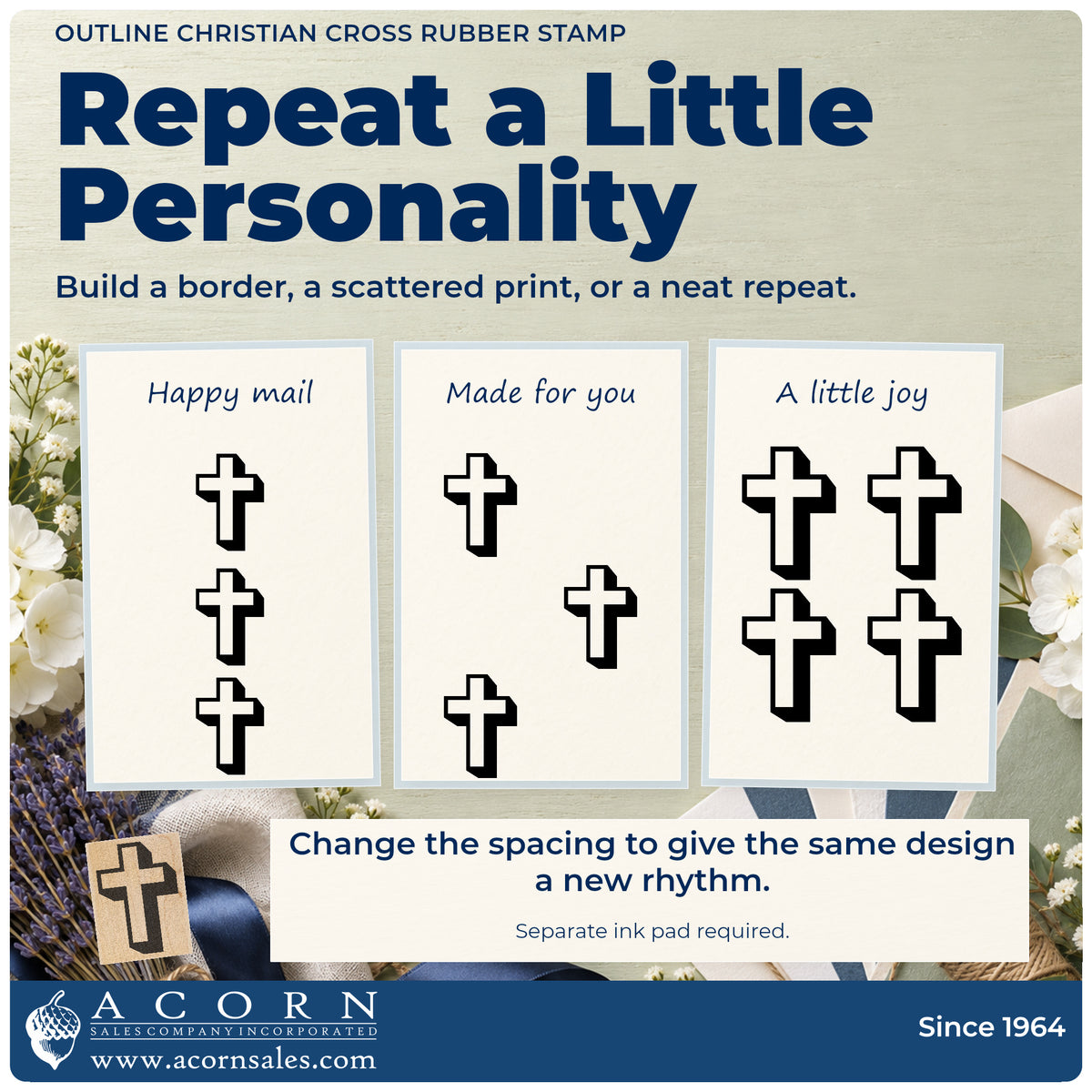 Outline Christian Cross Rubber Stamp pattern guide showing repeated impressions in borders, scattered prints and a grid.